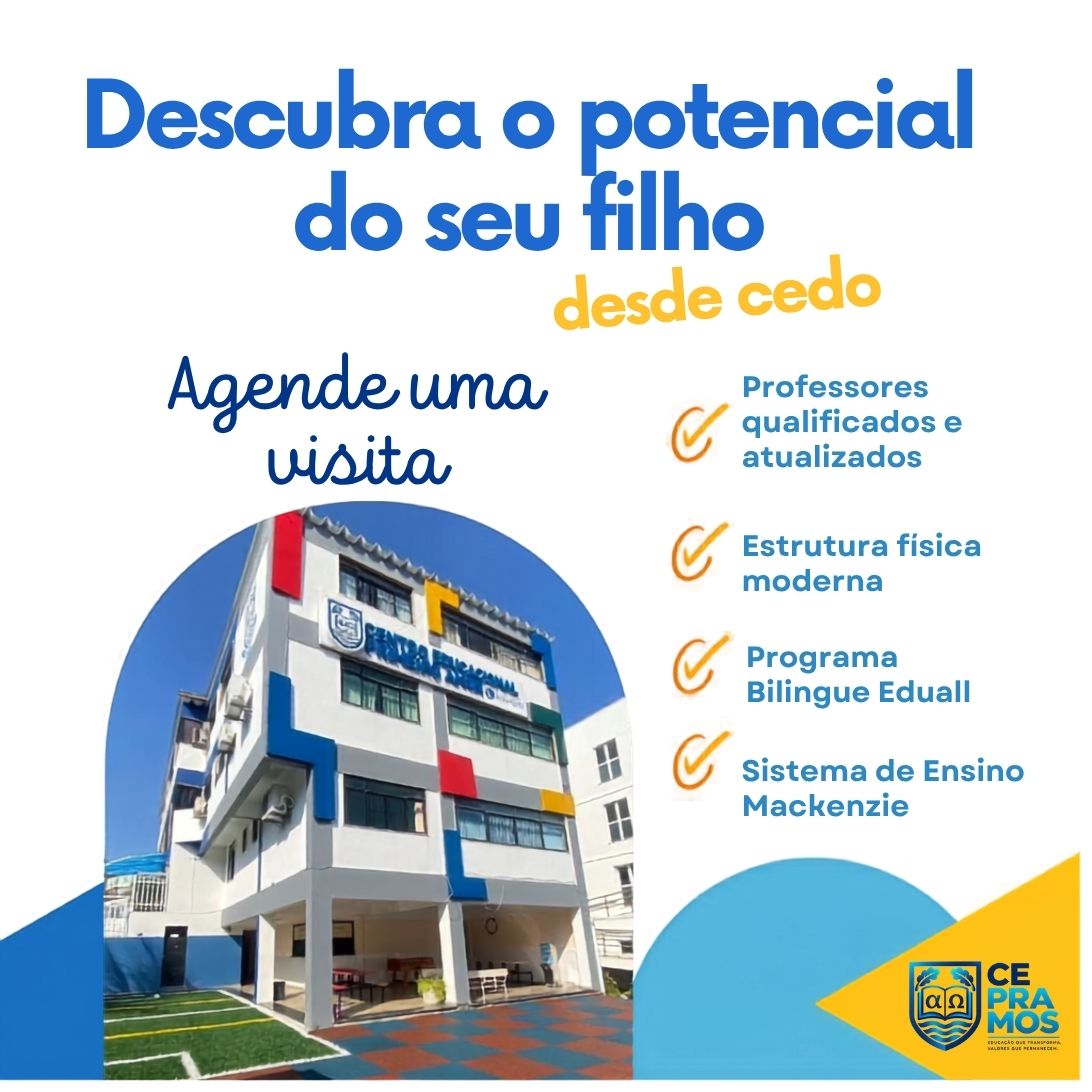 Estrutura física do CEPRAMOS e diferenciais: professores qualificados, estrutura moderna, programa bilíngue Edify e Sistema de Ensino Mackenzie